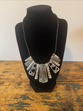 Silver-Tone Tribal Statement Necklace on Black Braided Cord
